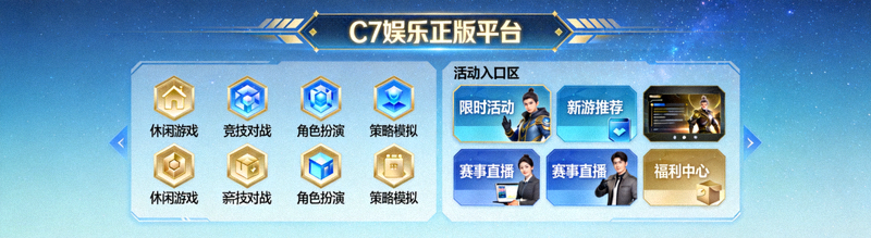 C7娱乐正版平台游戏大厅全景预览图，展示丰富的游戏分类与活动入口